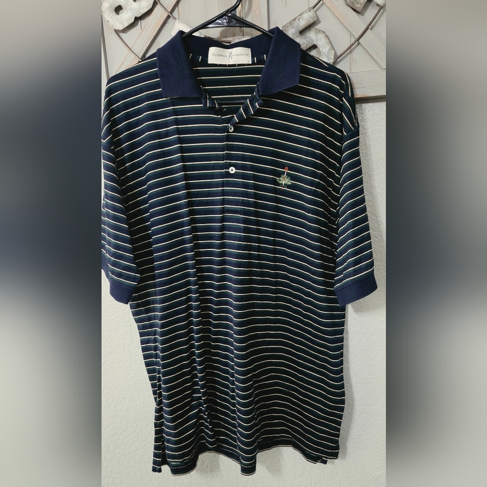 NWOT Fairway & Greene Navy Striped Polo 100 % Cotton Size Large